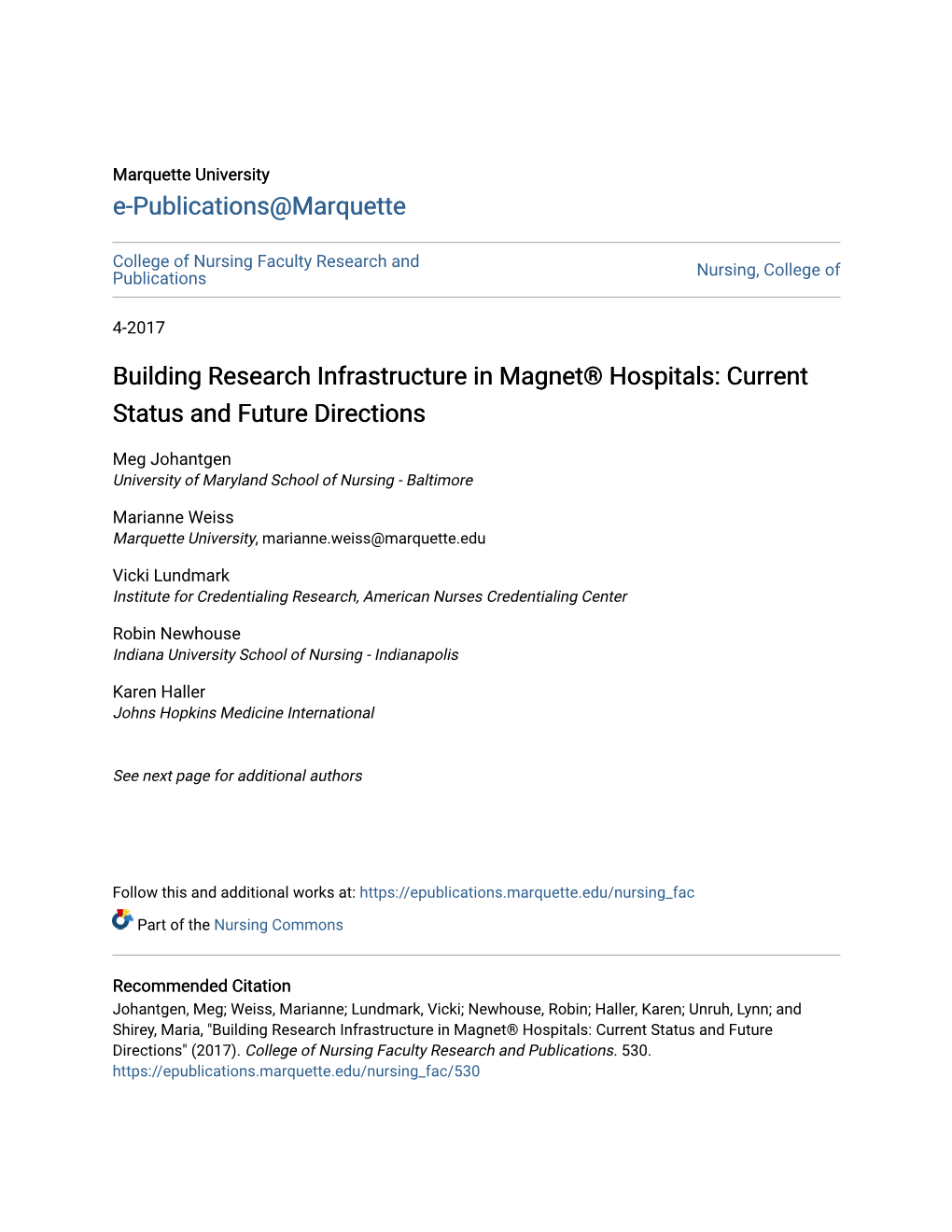 Building Research Infrastructure in Magnet® Hospitals: Current Status and Future Directions