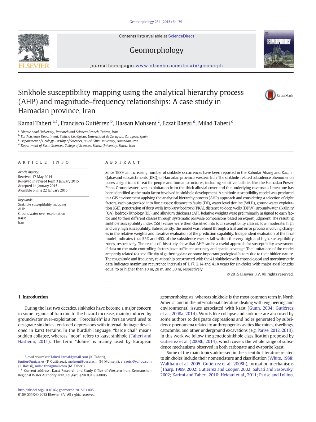 Sinkhole Susceptibility Mapping Using the Analytical Hierarchy Process (AHP) and Magnitude–Frequency Relationships: a Case Study in Hamadan Province, Iran