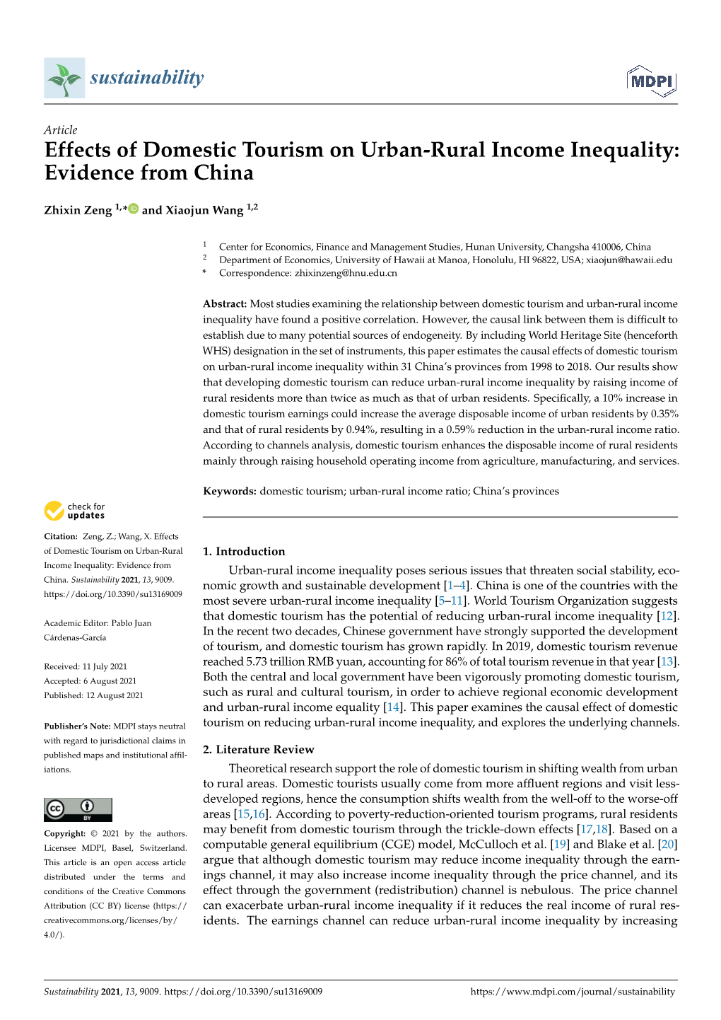 Effects of Domestic Tourism on Urban-Rural Income Inequality: Evidence from China