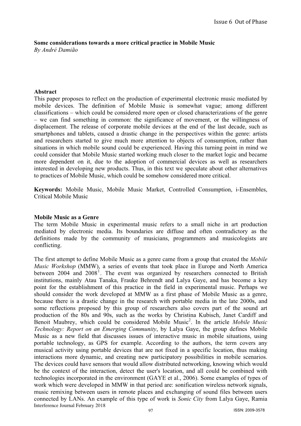 Issue 6 out of Phase Some Considerations Towards a More Critical