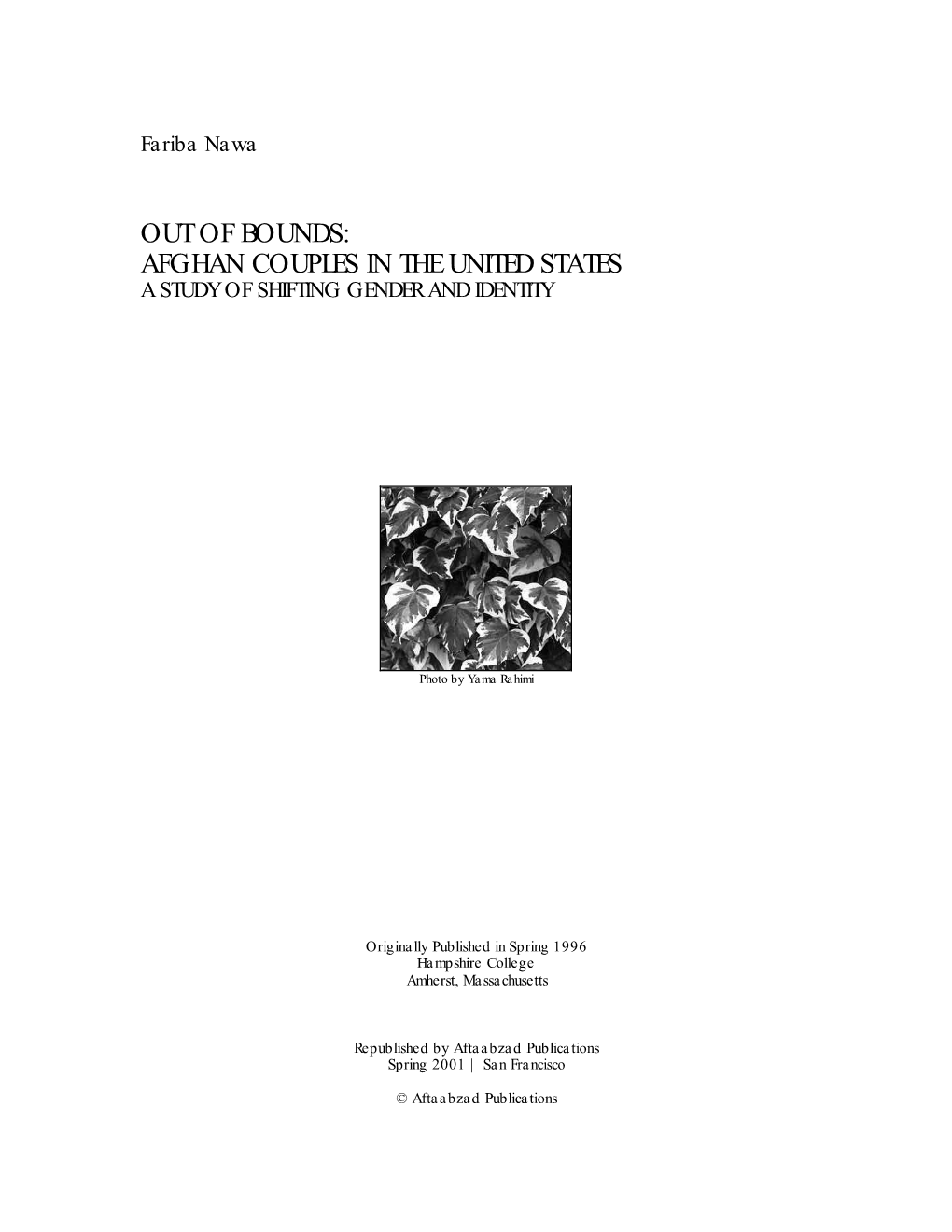 Out of Bounds: Afghan Couples in the United States a Study of Shifting Gender and Identity