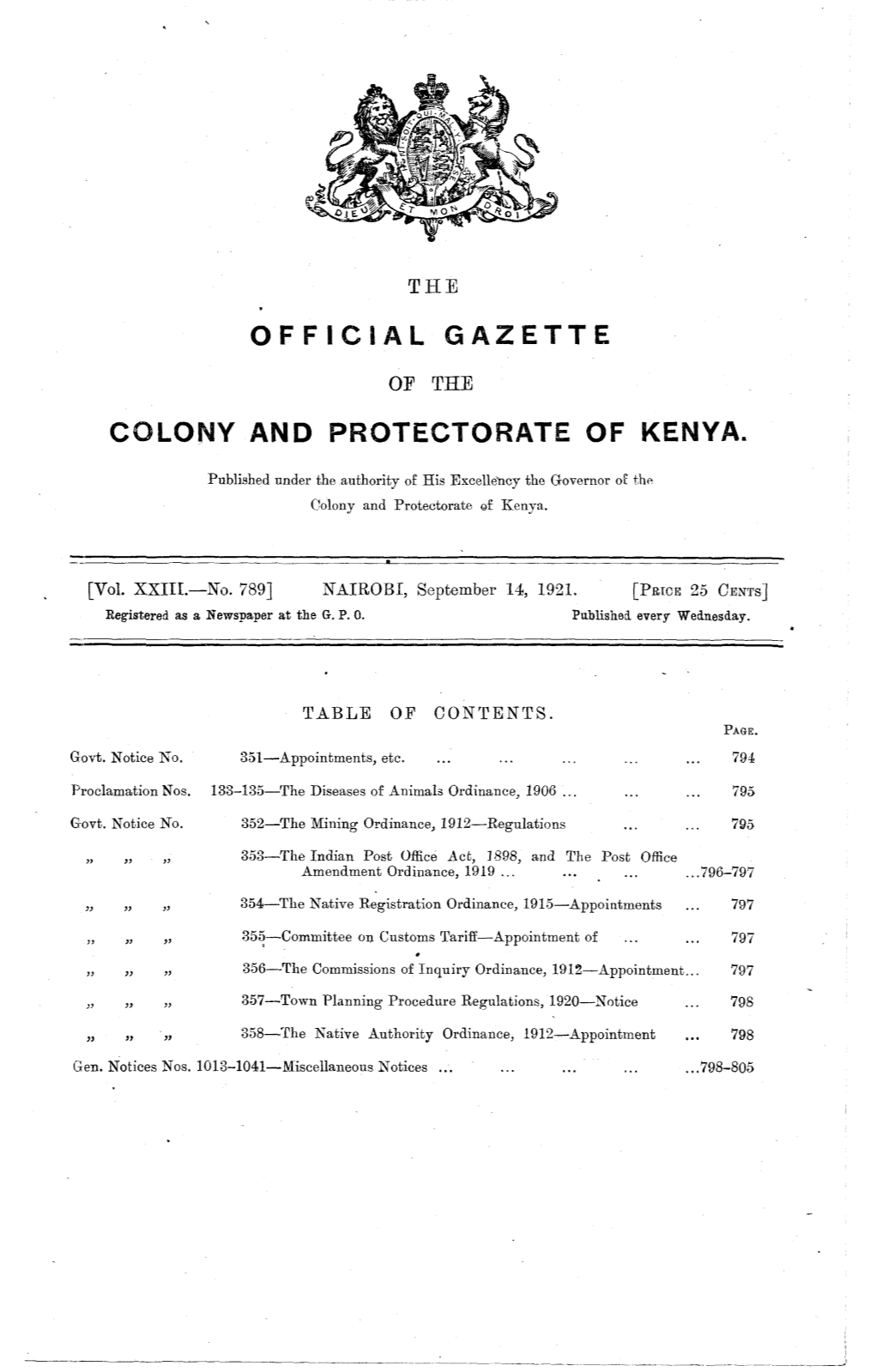 Official Gazette Colony and Protectorate of Kenya