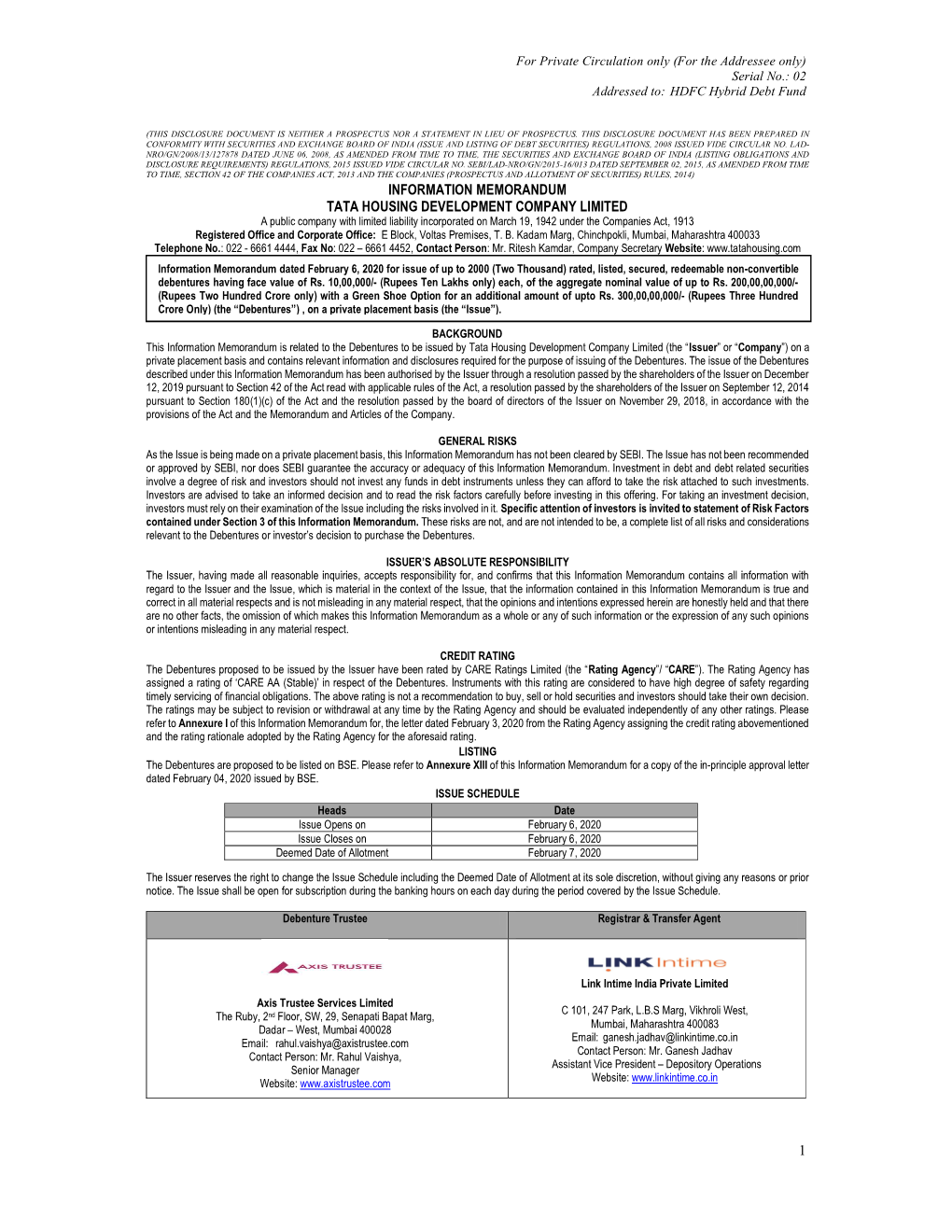 1 Information Memorandum Tata Housing Development Company Limited