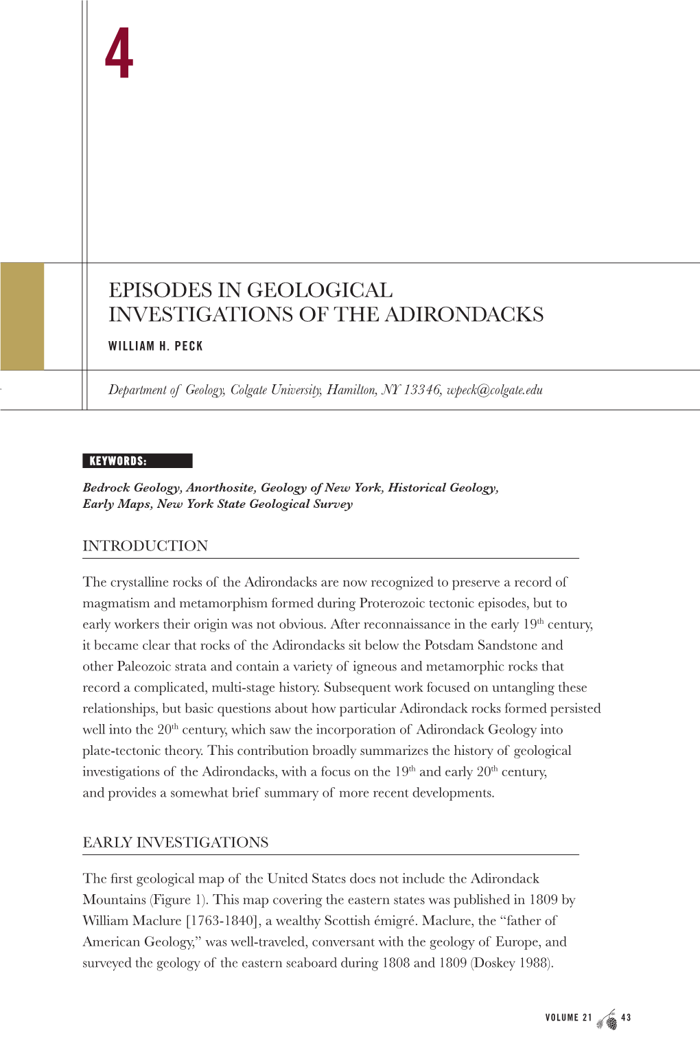 Episodes in Geological Investigations of the Adirondacks William H