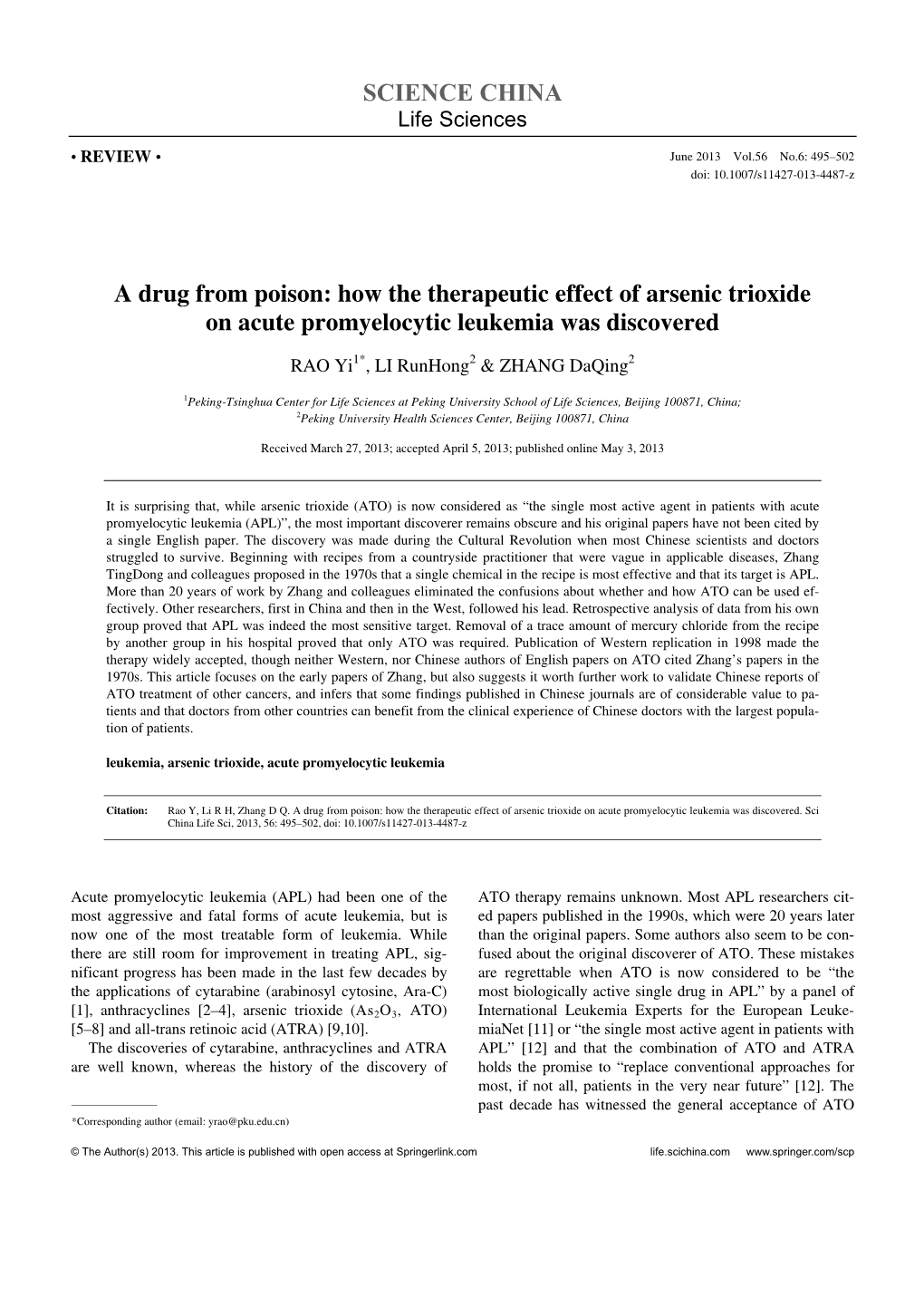 SCIENCE CHINA a Drug from Poison: How the Therapeutic Effect of Arsenic Trioxide on Acute Promyelocytic Leukemia Was Discovered