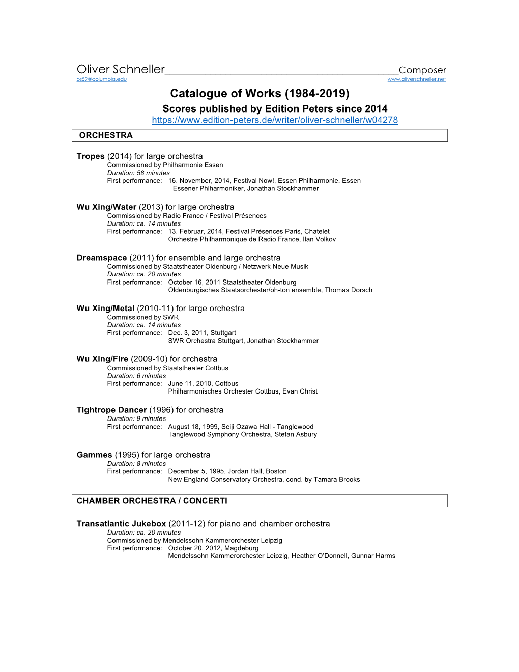 Catalogue of Works (1984-2019)