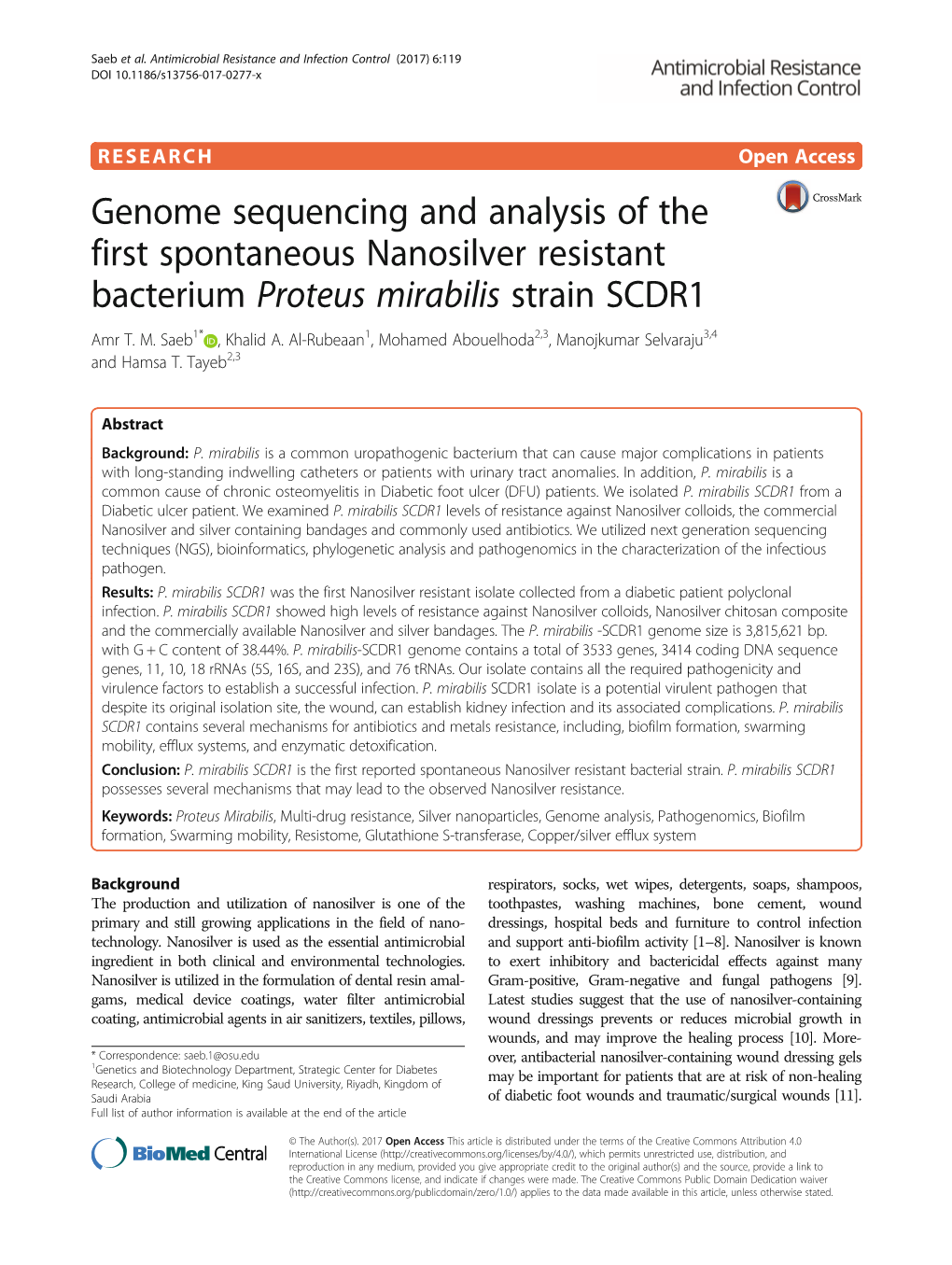 Genome Sequencing and Analysis of the First Spontaneous Nanosilver Resistant Bacterium Proteus Mirabilis Strain SCDR1 Amr T