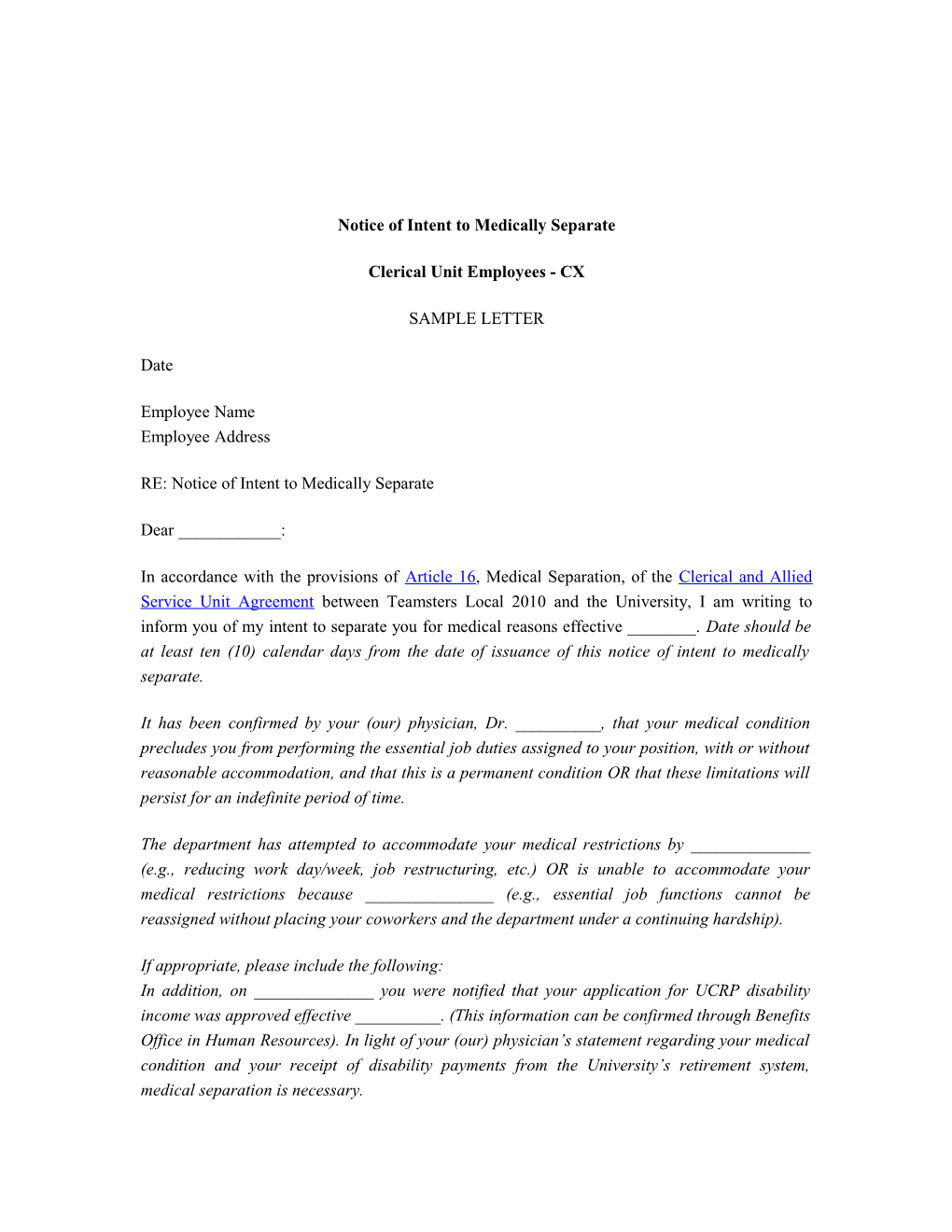 Notice of Intent to Medical Separation