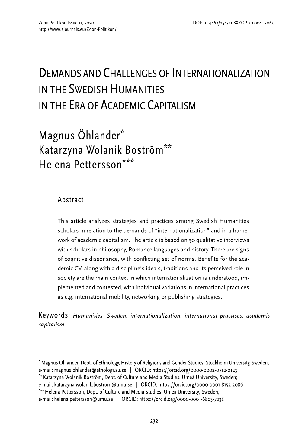 Demands and Challenges of Internationalization in the Swedish Humanities in the Era of Academic Capitalism