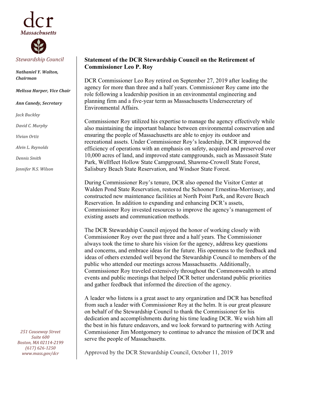 Statement of the DCR Stewardship Council on the Retirement of Commissioner Leo P