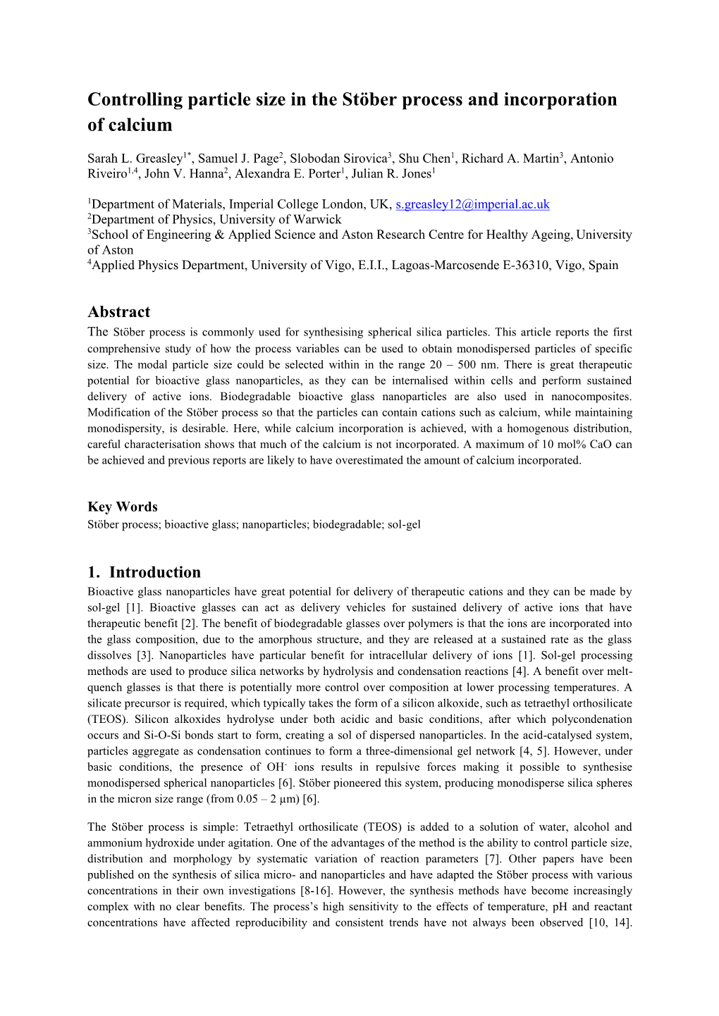 Controlling Particle Size in the Stöber Process and Incorporation of Calcium