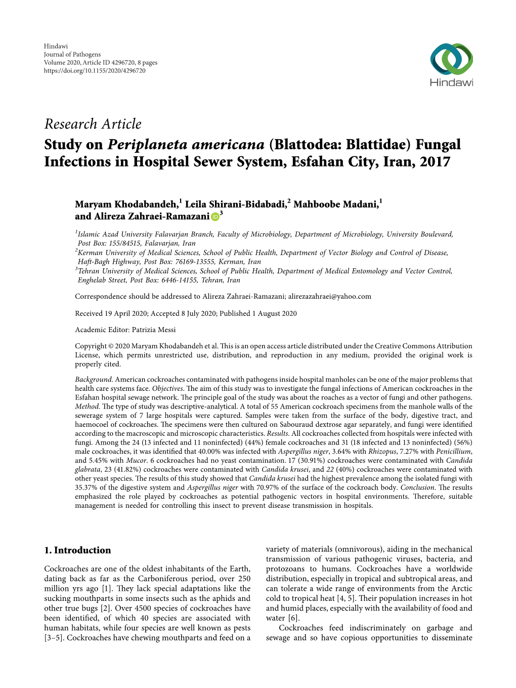 Fungal Infections in Hospital Sewer System, Esfahan City, Iran, 2017