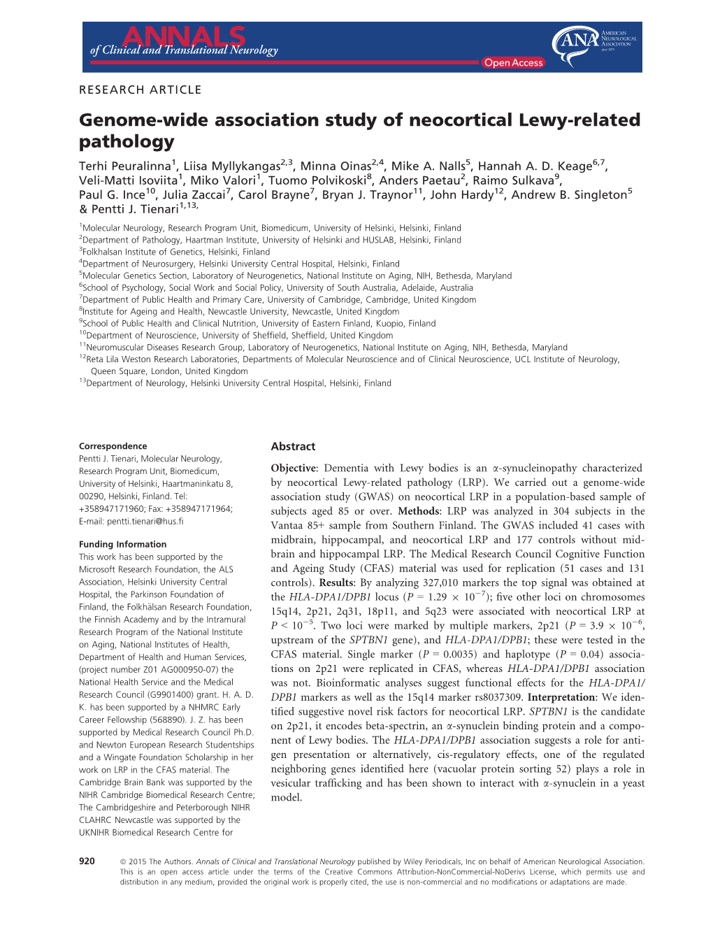 Wide Association Study of Neocortical Lewyâ