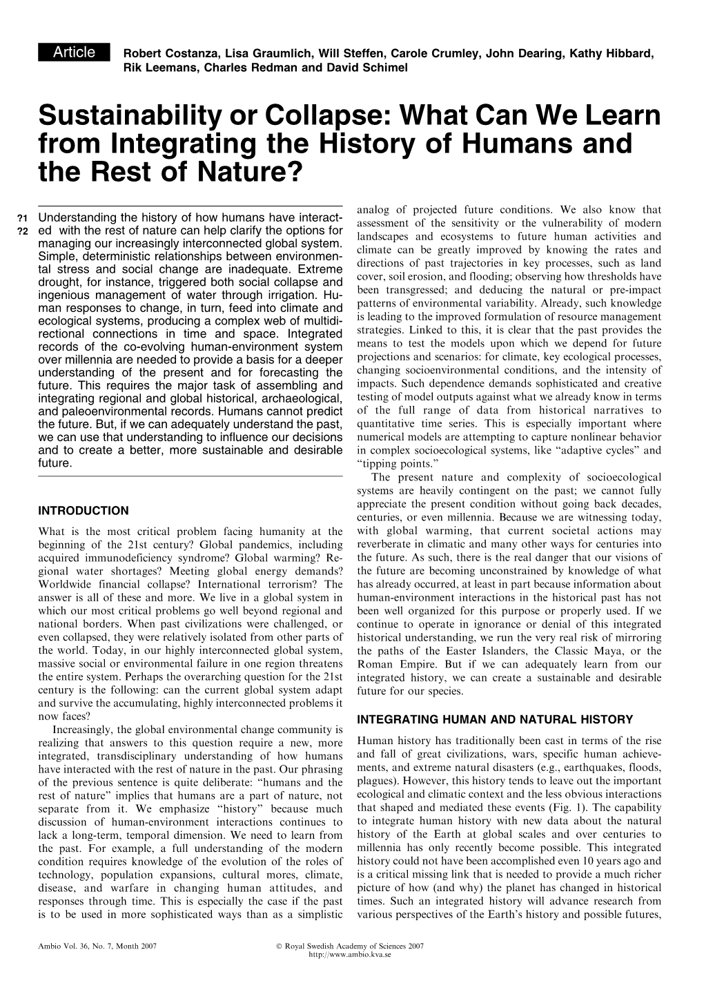 Sustainability Or Collapse: What Can We Learn from Integrating the History of Humans and the Rest of Nature?