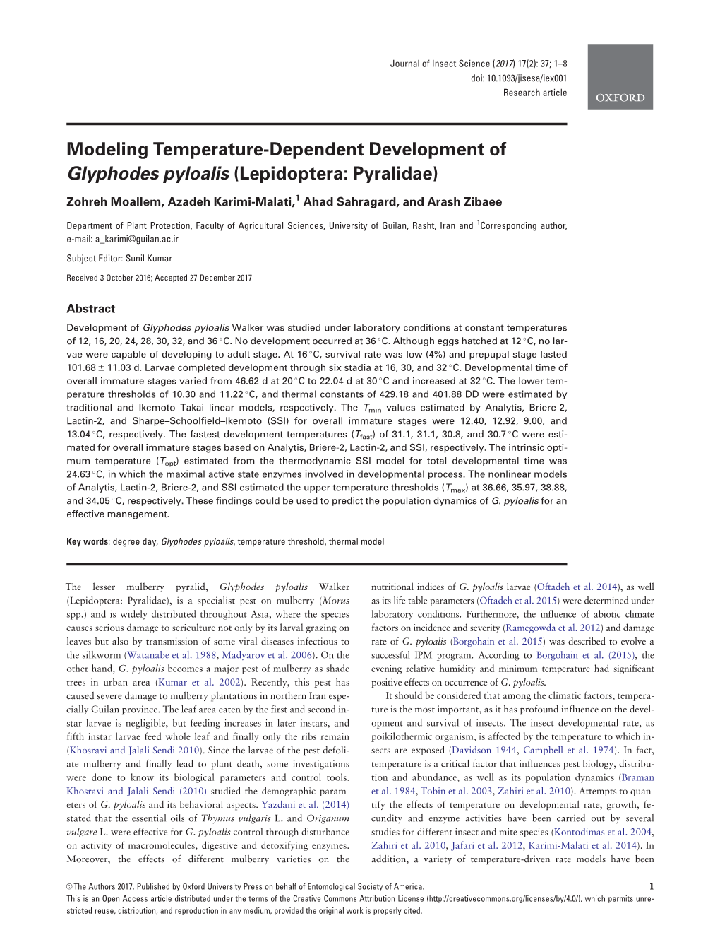 Modeling Temperature-Dependent Development of Glyphodes Pyloalis (Lepidoptera: Pyralidae)