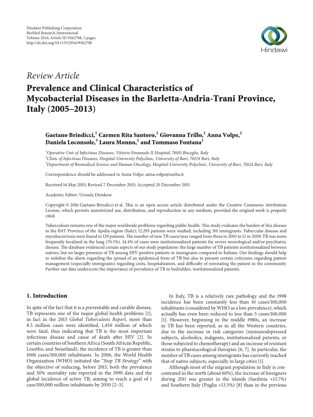 Prevalence and Clinical Characteristics of Mycobacterial Diseases in the Barletta-Andria-Trani Province, Italy (2005–2013)