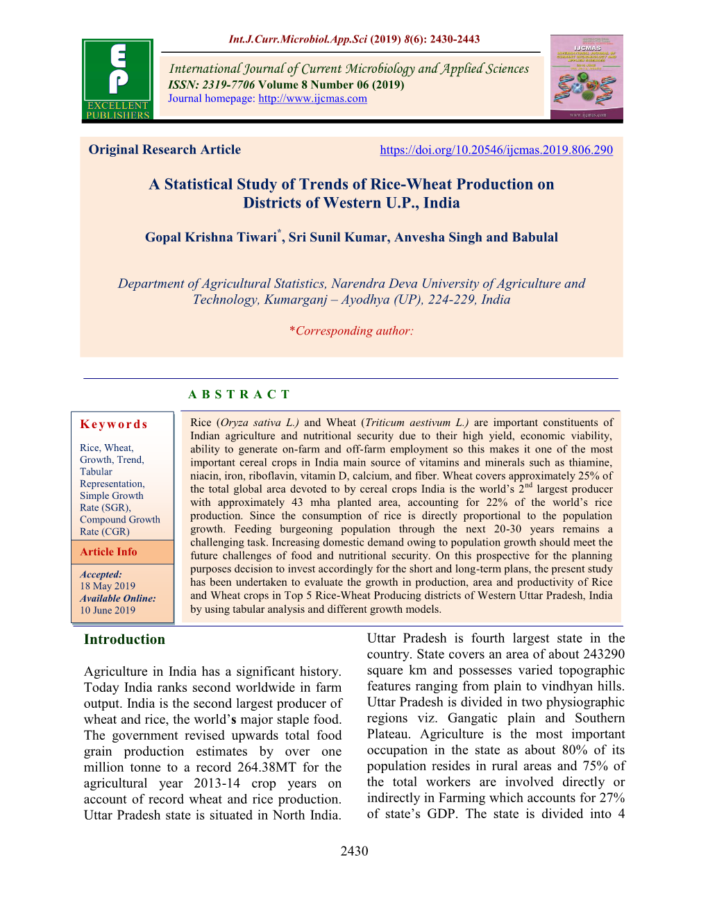 A Statistical Study of Trends of Rice-Wheat Production on Districts of Western U.P., India