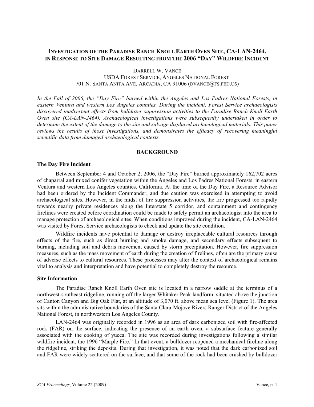 Investigation of the Paradise Ranch Knoll Earth Oven Site, Ca-Lan-2464, in Response to Site Damage Resulting from the 2006 “Day” Wildfire Incident