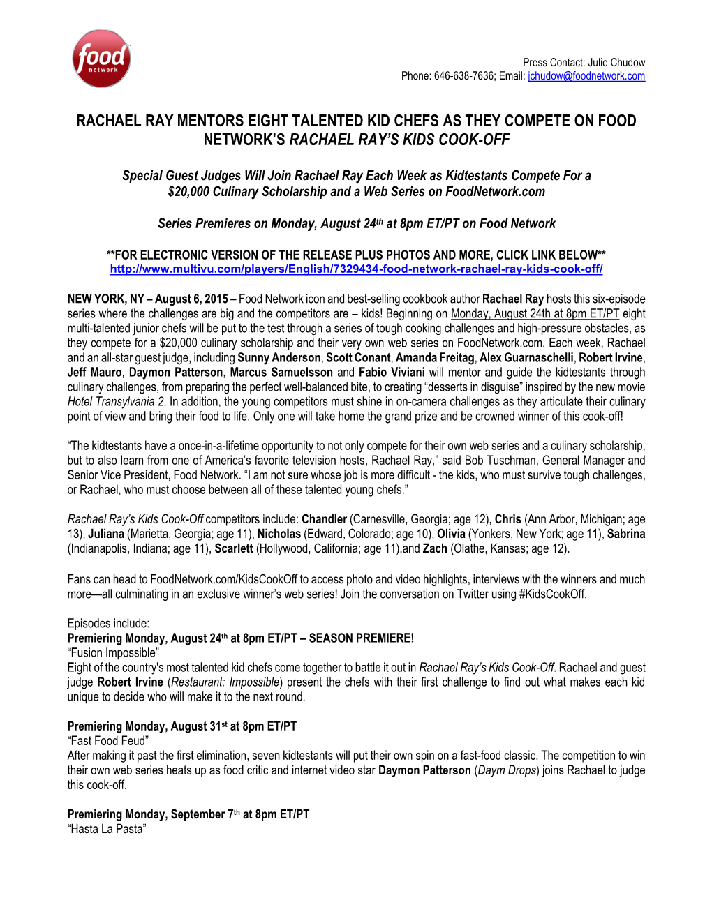 Rachael Ray's Kids Cook-Off Press Release