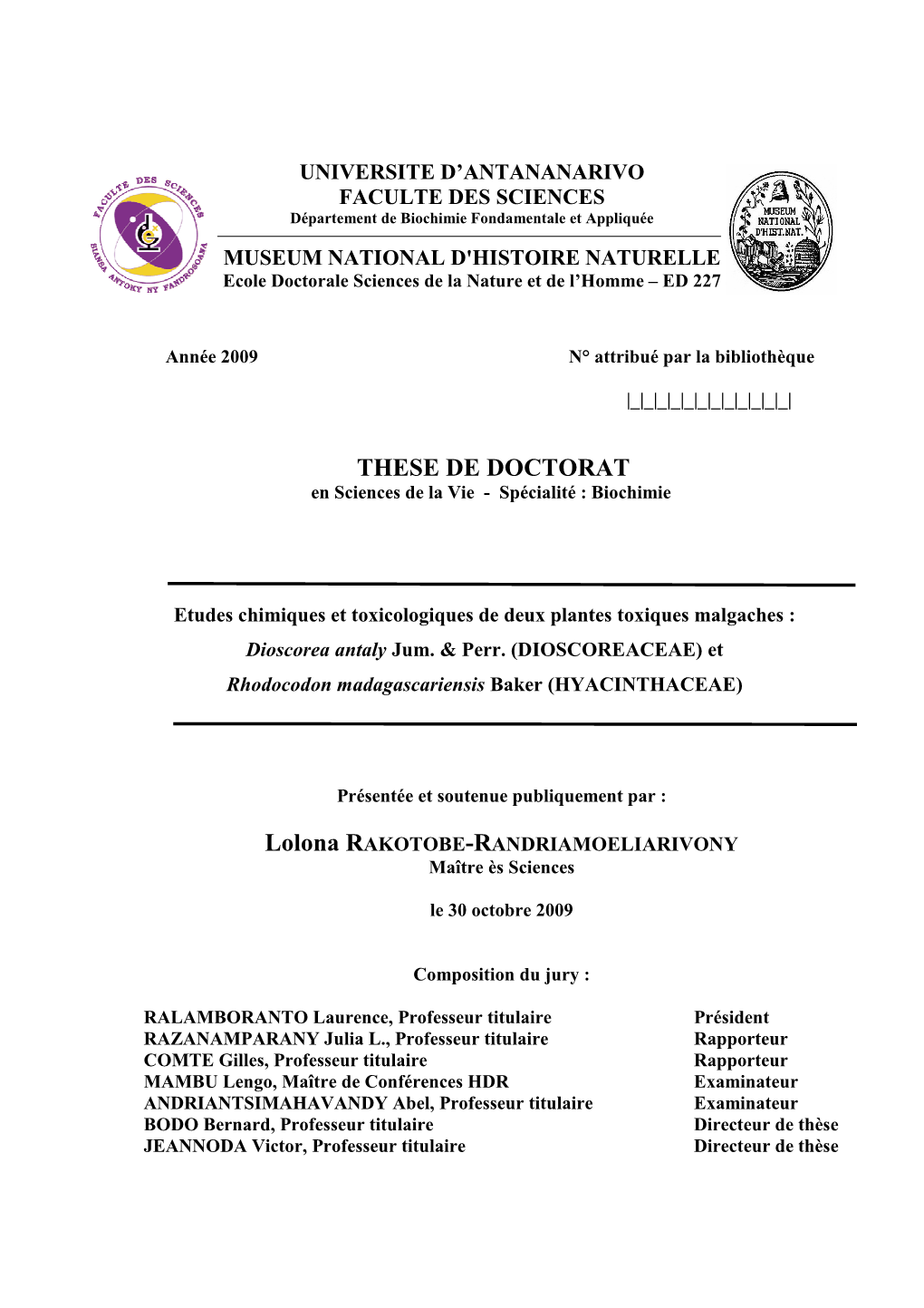 THESE DE DOCTORAT En Sciences De La Vie - Spécialité : Biochimie