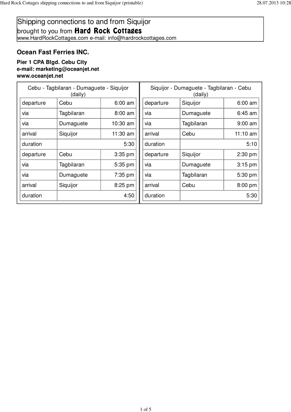 Hard Rock Cottages Shipping Connections to and from Siquijor (Printable) 28.07.2013 10:28