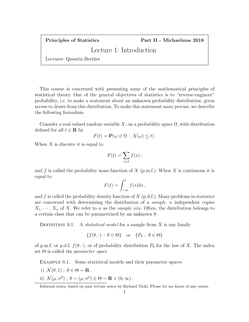 Notes, Based on Past Lecture Notes by Richard Nickl