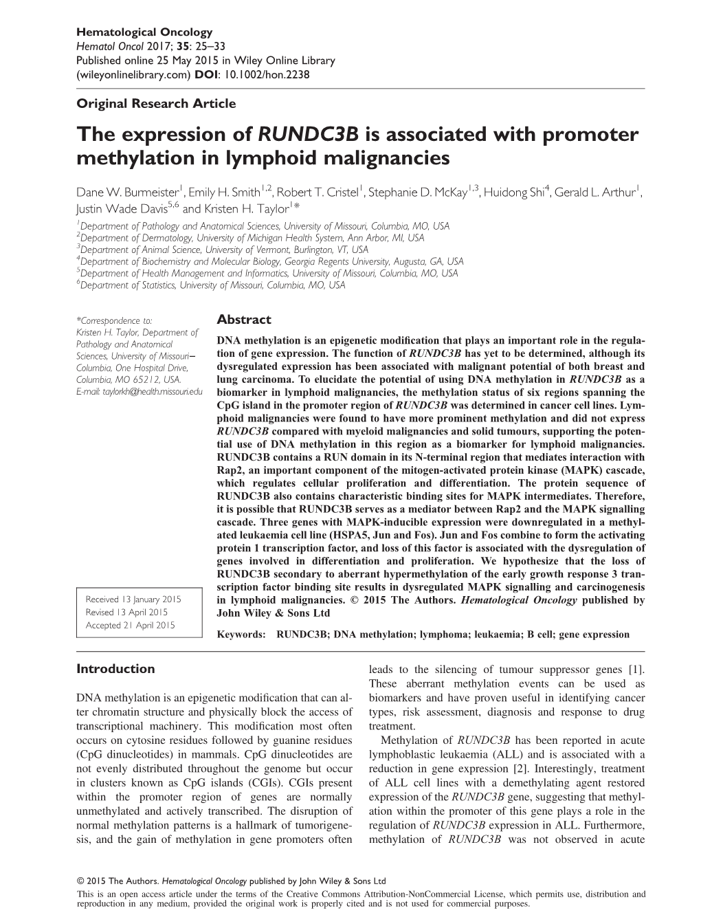 The Expression of RUNDC3B Is Associated with Promoter Methylation in Lymphoid Malignancies