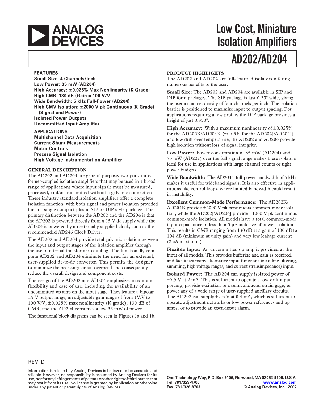 AD202/AD204 Low Cost, Miniature Isolation Amplifiers Data Sheet