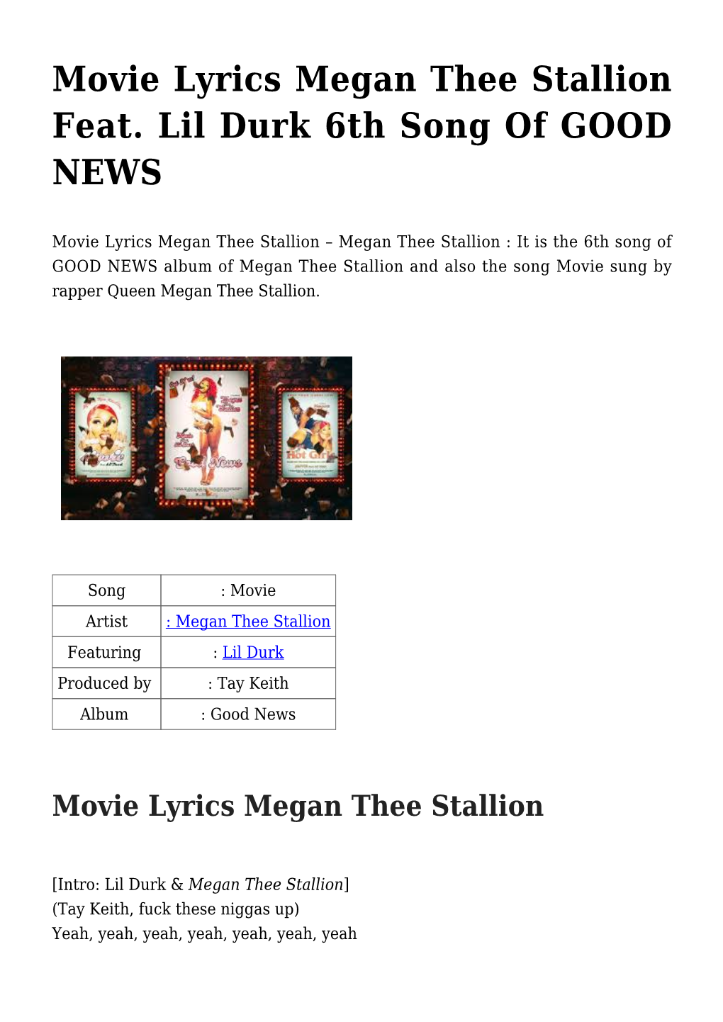 Movie Lyrics Megan Thee Stallion Feat. Lil Durk 6Th Song of GOOD NEWS