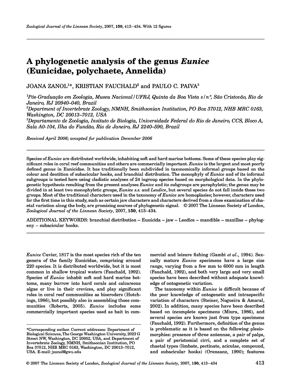 A Phylogenetic Analysis of the Genus Eunice (Eunicidae, Polychaete, Annelida)