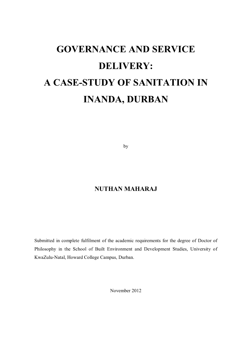 Governance and Service Delivery: a Case-Study of Sanitation in Inanda, Durban