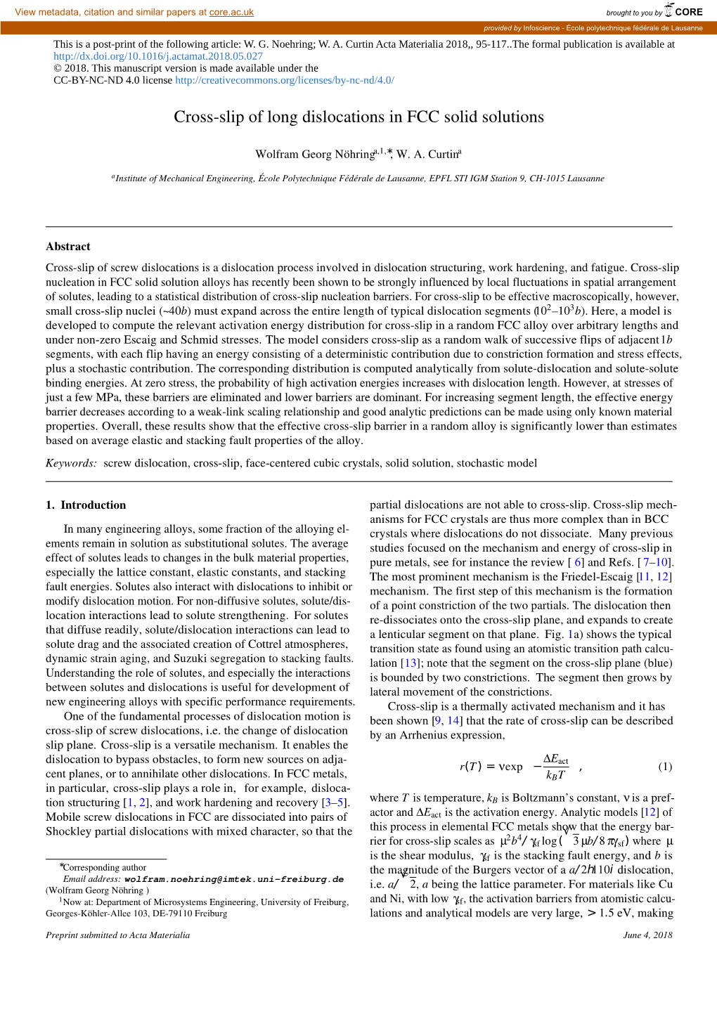 Cross-Slip of Long Dislocations in FCC Solid Solutions