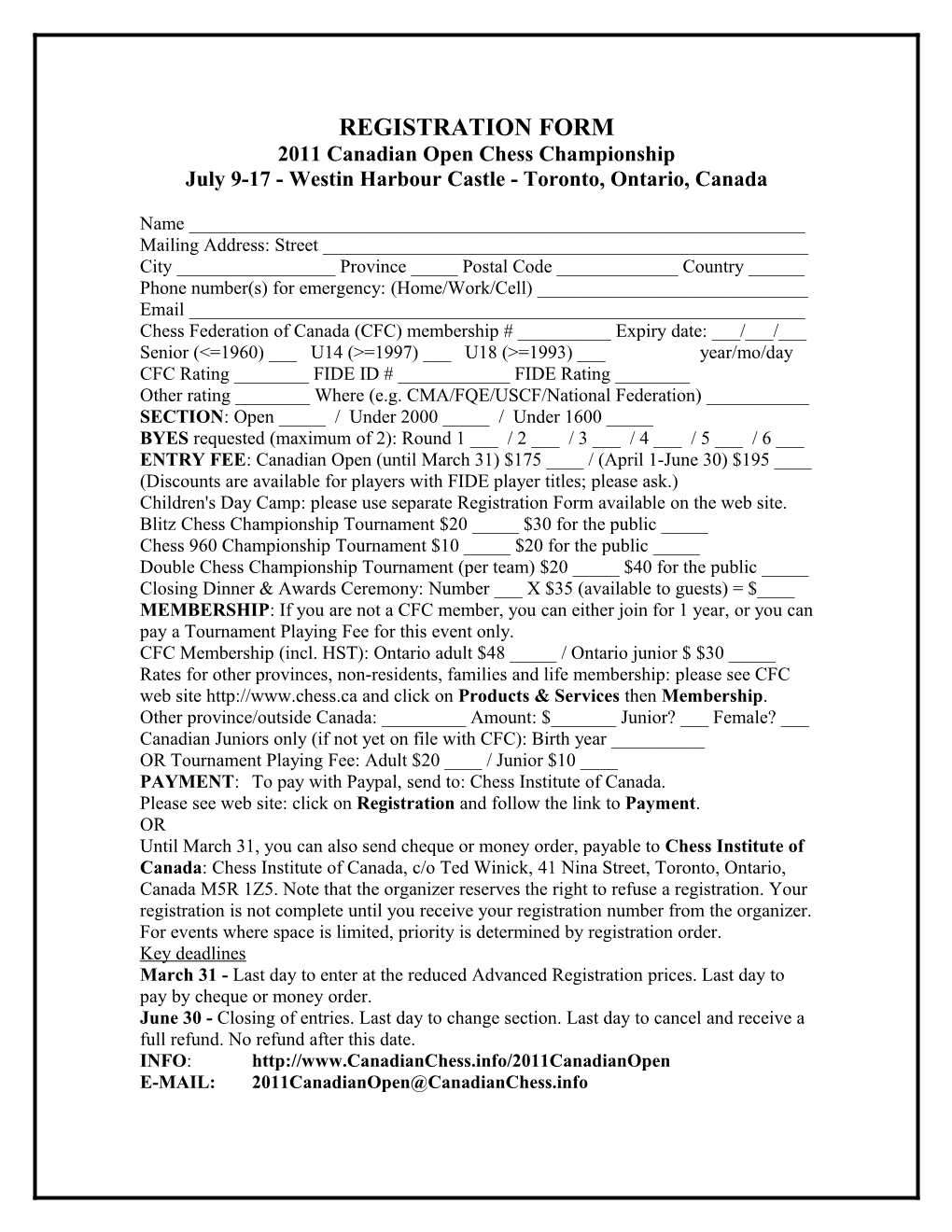 2011 Canadian Open Chess Championship Registration Form