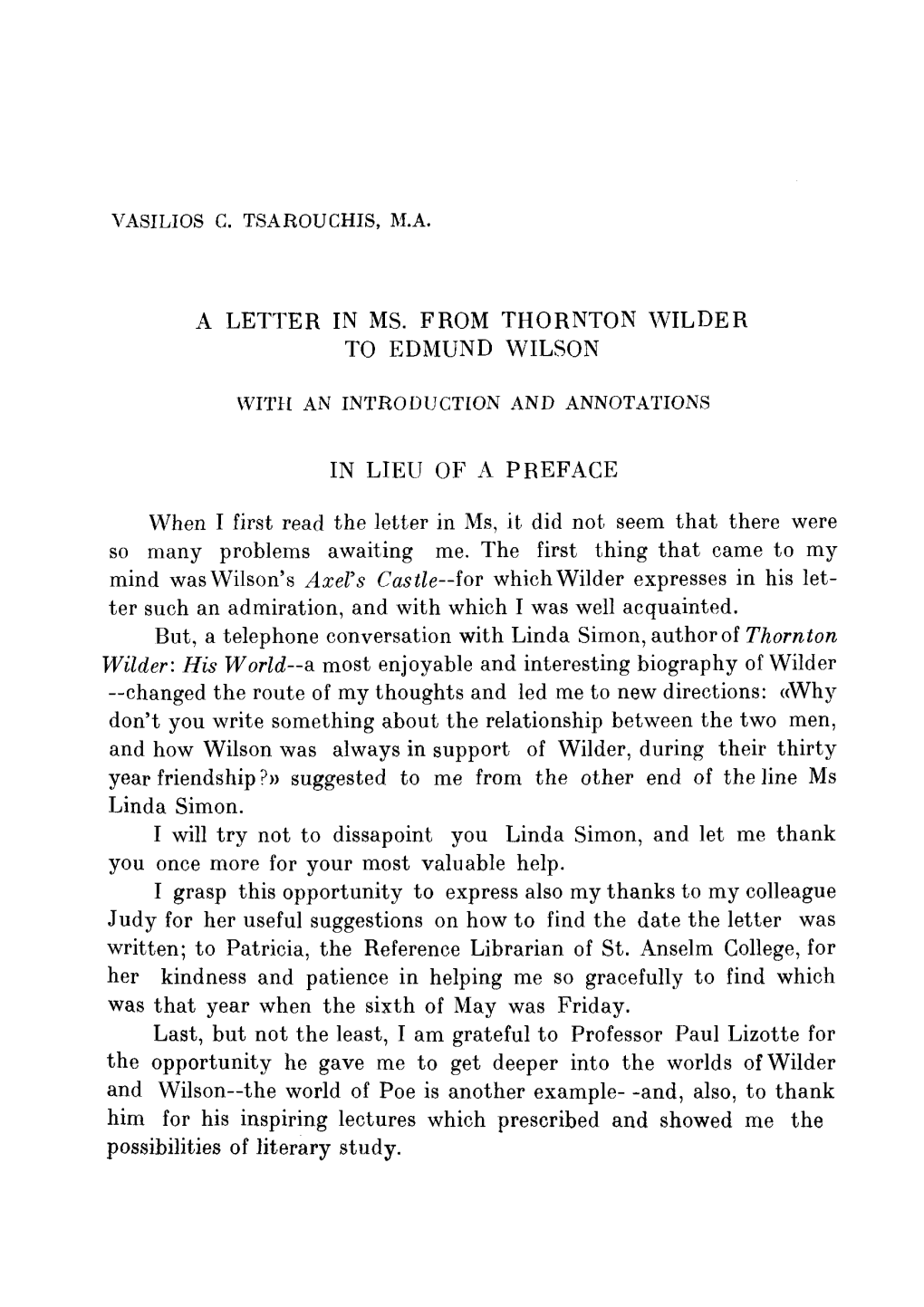 A Letter in Ms. from Thornton Wilder to Edmund Wilson