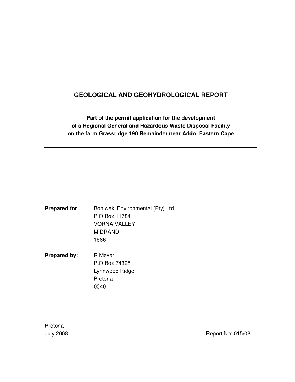 Geological and Geohydrological Report