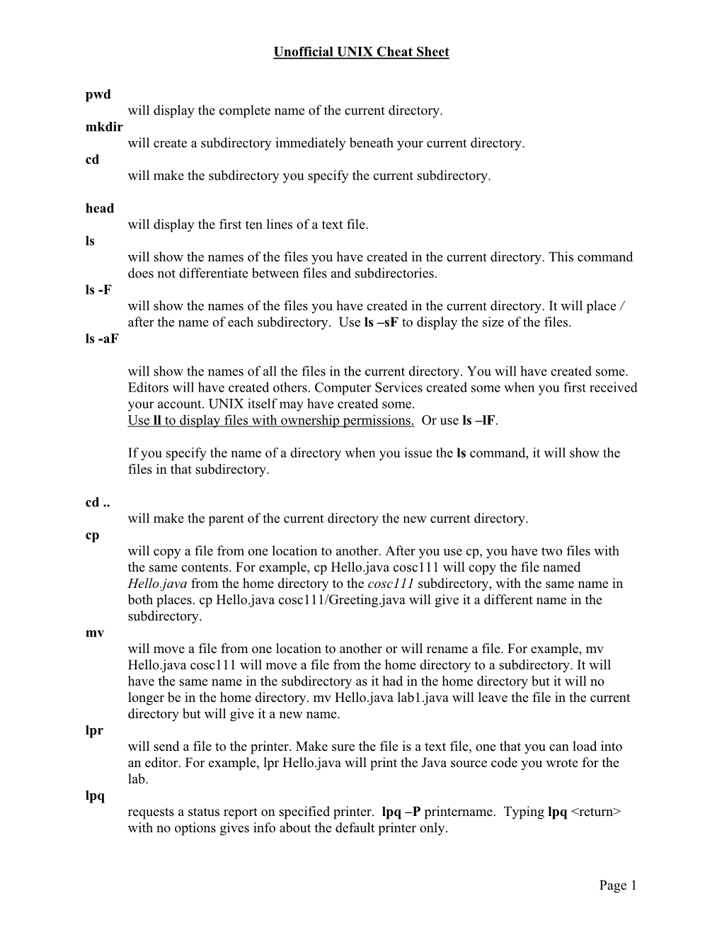 Unofficial UNIX Cheat Sheet Page 1 Pwd Will Display the Complete Name