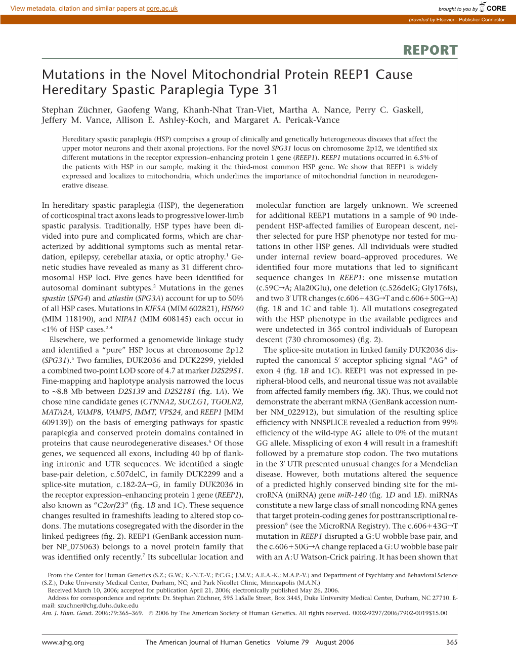 Mutations in the Novel Mitochondrial Protein REEP1 Cause Hereditary Spastic Paraplegia Type 31