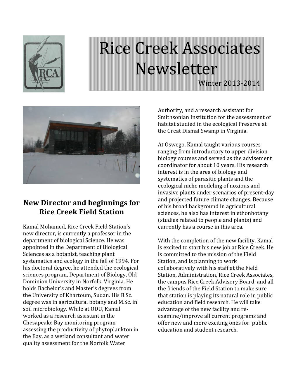 Rice Creek Associates Newsletter Winter 2013-2014