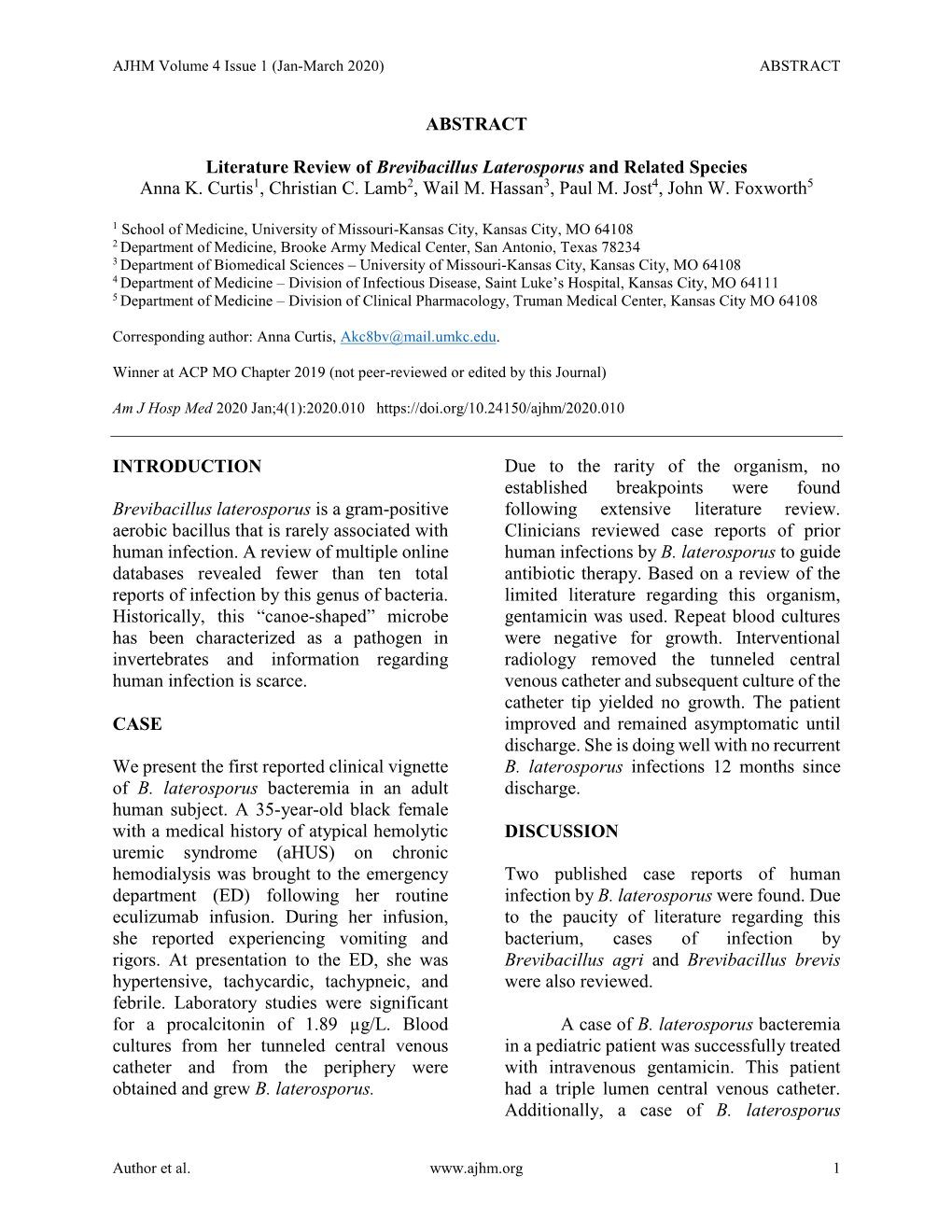 Literature Review of Brevibacillus Laterosporus and Related Species Anna K