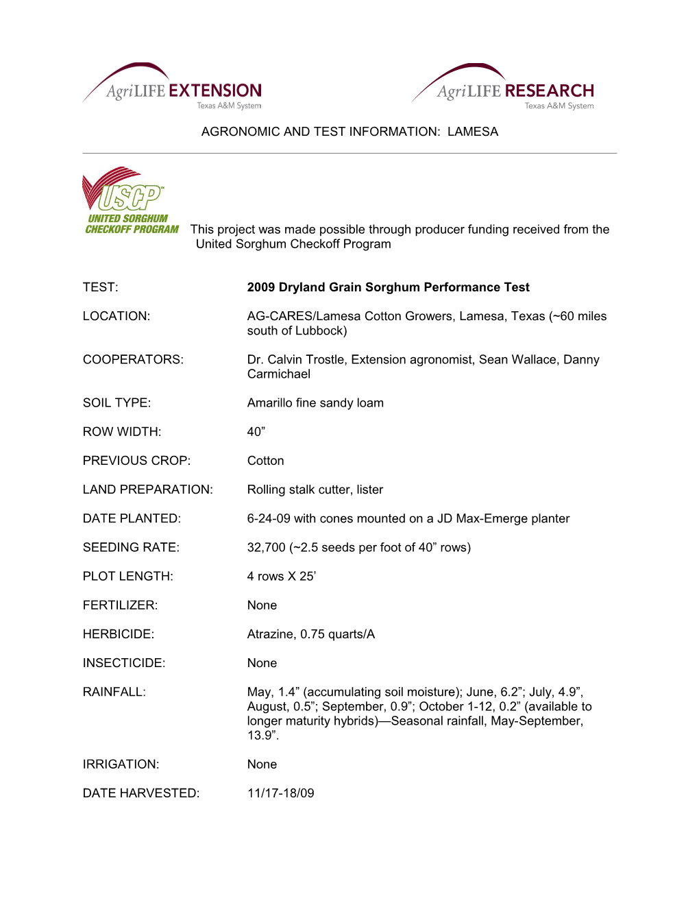 Agronomic and Test Information: Weslaco s1