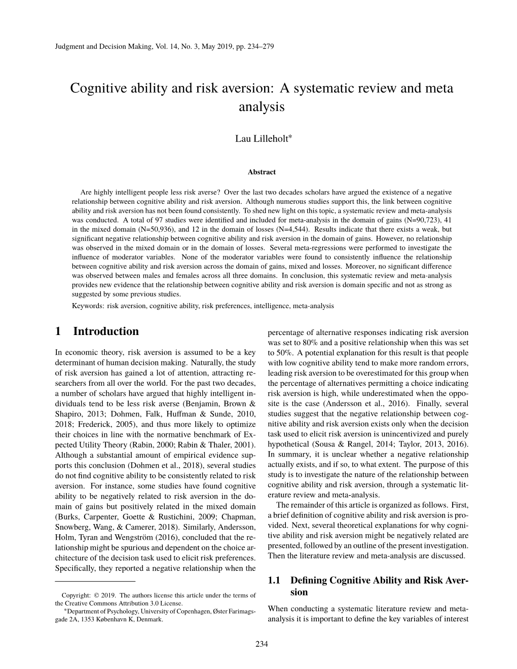Cognitive Ability and Risk Aversion: a Systematic Review and Meta Analysis