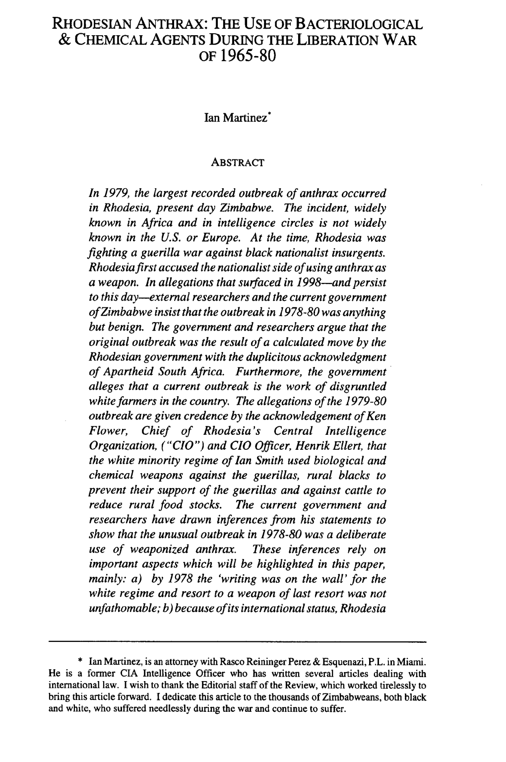 Rhodesian Anthrax: the Use of Bacteriological & Chemical Agents During the Liberation War of 1965-80