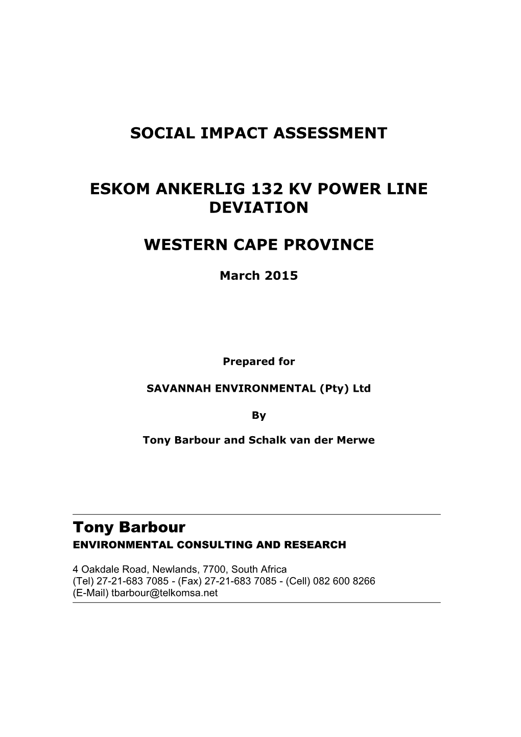 Social Impact Assessment Eskom Ankerlig 132 Kv Power Line