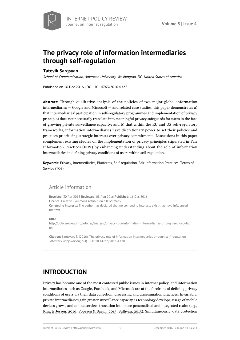 The Privacy Role of Information Intermediaries Through Self-Regulation