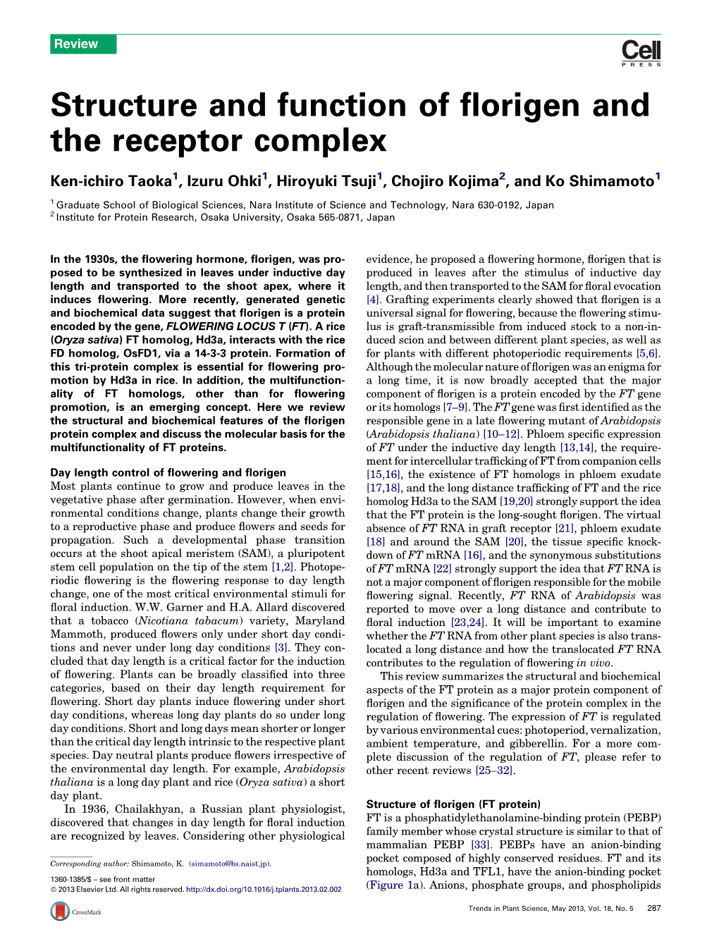 Structure and Function of Florigen and the Receptor Complex