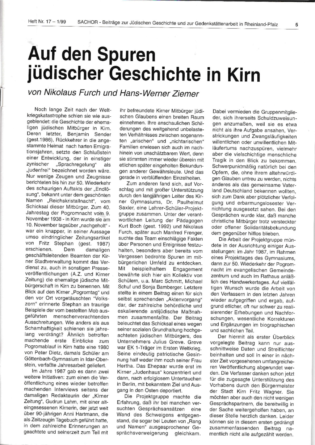 Auf Den Spuren Iüdischer Geschichte in Kirn Von Nikolaus Furch Und Hans-Werner Ziemer