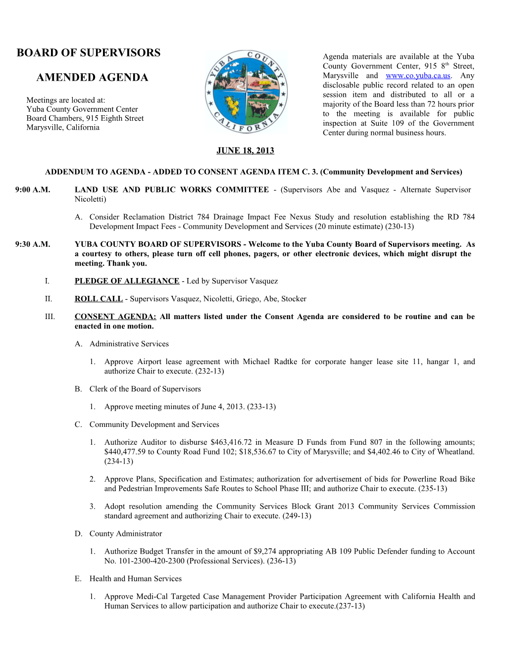 ADDENDUM to AGENDA - ADDED to CONSENT AGENDA ITEM C. 3. (Community Development and Services)