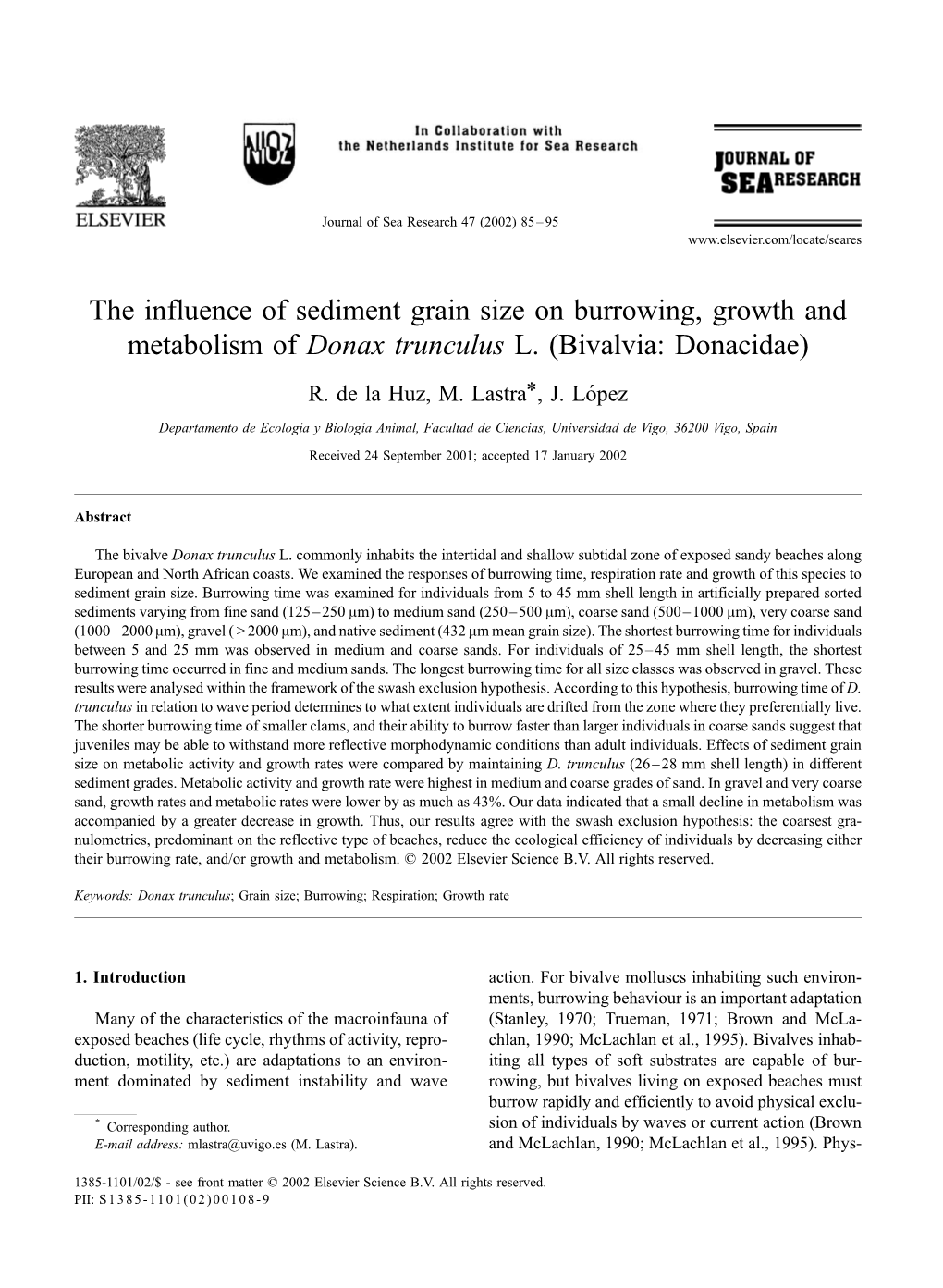 The Influence of Sediment Grain Size on Burrowing, Growth and Metabolism of Donax Trunculus L