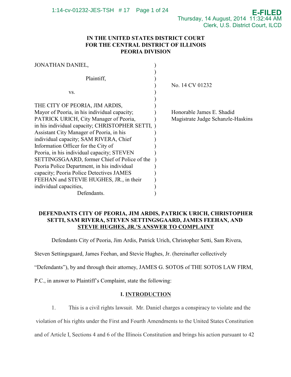 E-FILED Thursday, 14 August, 2014 11:32:44 AM Clerk, U.S