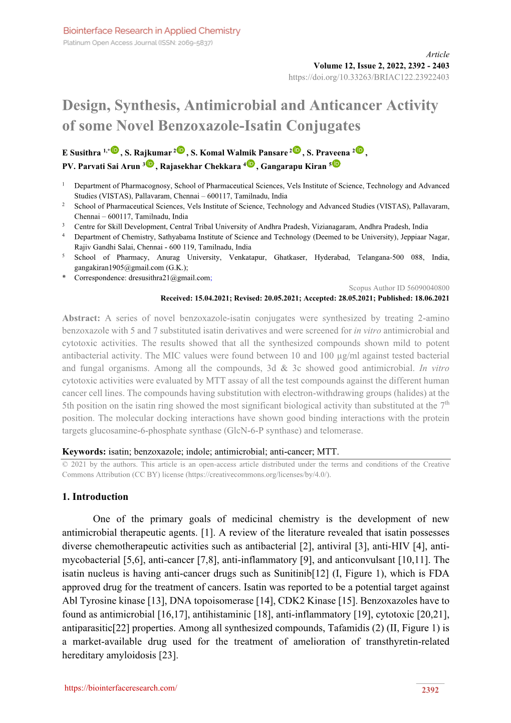 Design, Synthesis, Antimicrobial and Anticancer Activity of Some Novel Benzoxazole-Isatin Conjugates